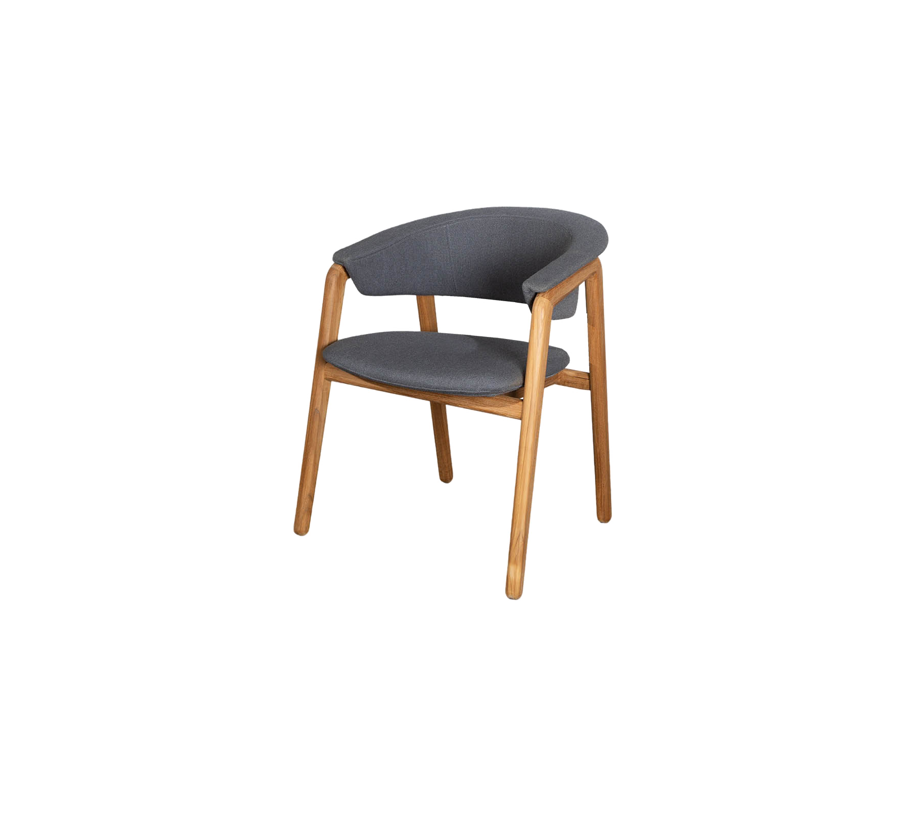 Chaise élégante avec un siège en tissu gris et un dossier incurvé, soutenue par des pieds en bois naturel, offrant un confort moderne et un attrait esthétique.