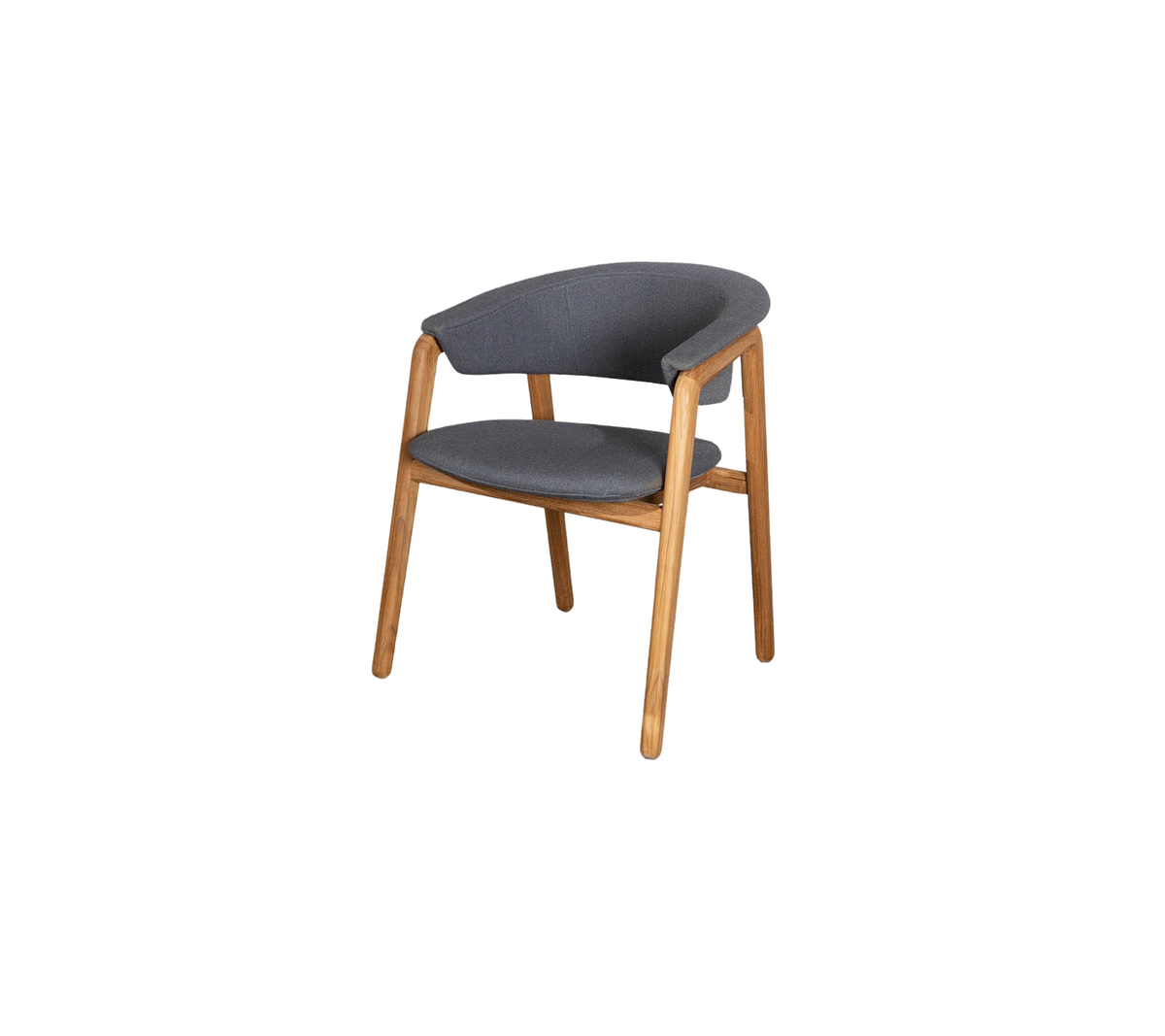 Chaise élégante avec un siège en tissu gris et un dossier incurvé, soutenue par des pieds en bois naturel, offrant un confort moderne et un attrait esthétique.