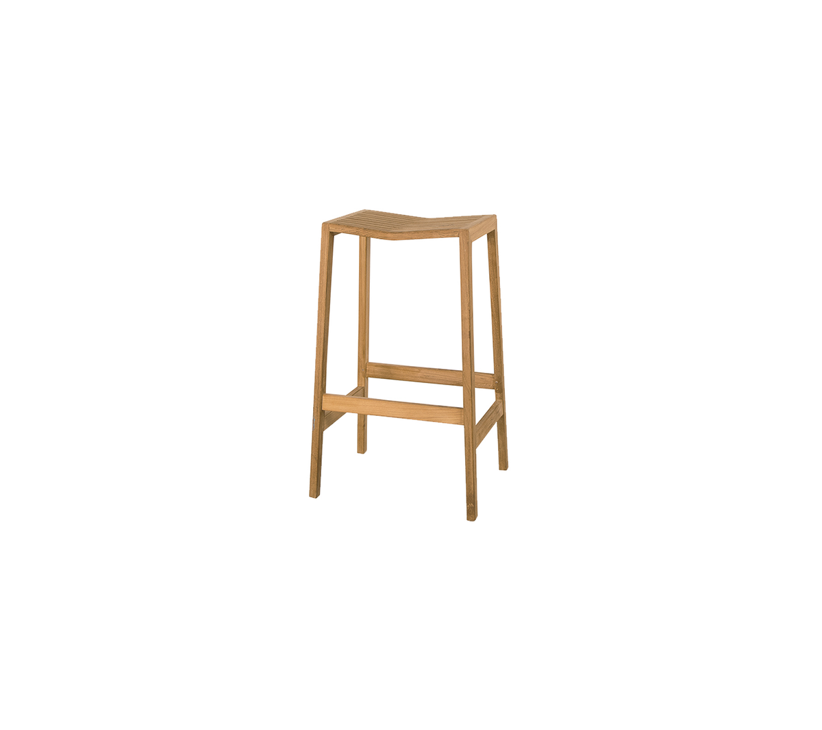 Un tabouret en bois simple avec une finition naturelle et quatre pieds, doté d'un repose-pieds pour plus de confort.