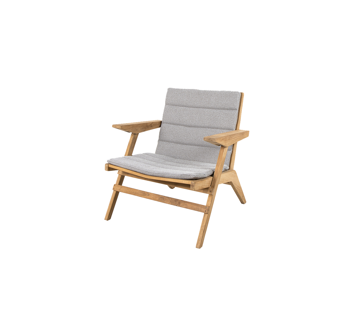 Fauteuil lounge élégant avec une structure en bois et des coussins gris doux, conçu pour le confort et l'esthétique moderne.