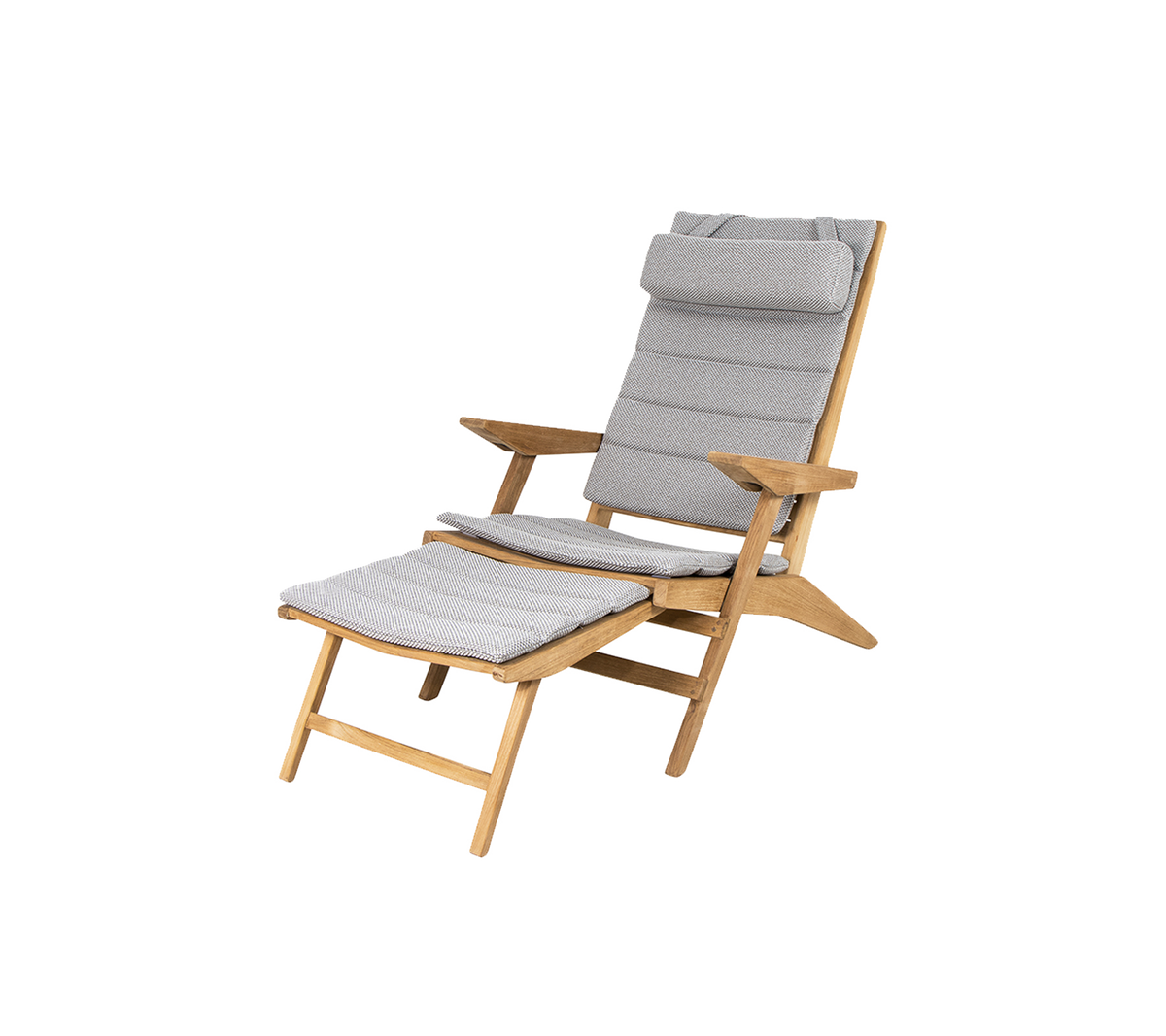 Une chaise en bois confortable avec un siège et un dossier rembourrés gris, présentant un design inclinable et un repose-pieds assorti.