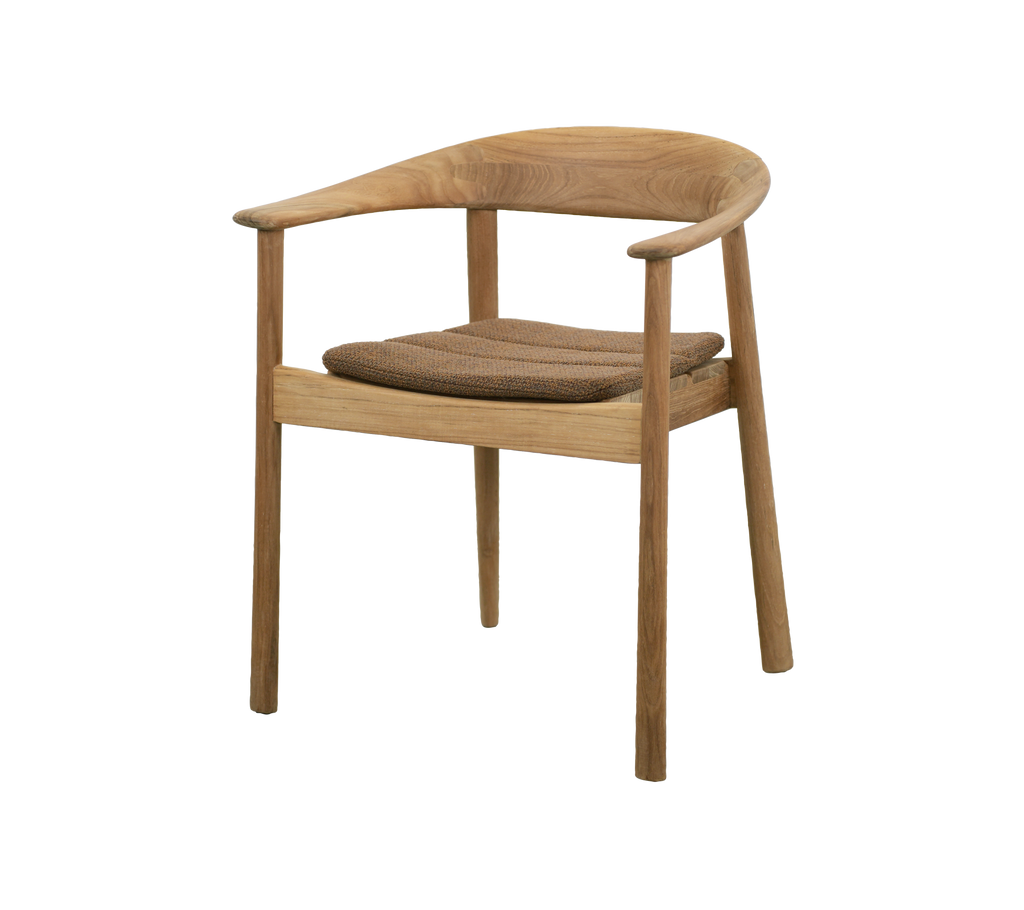 Chaise en teck avec coussin brun umber dans un cadre de salle à manger moderne.