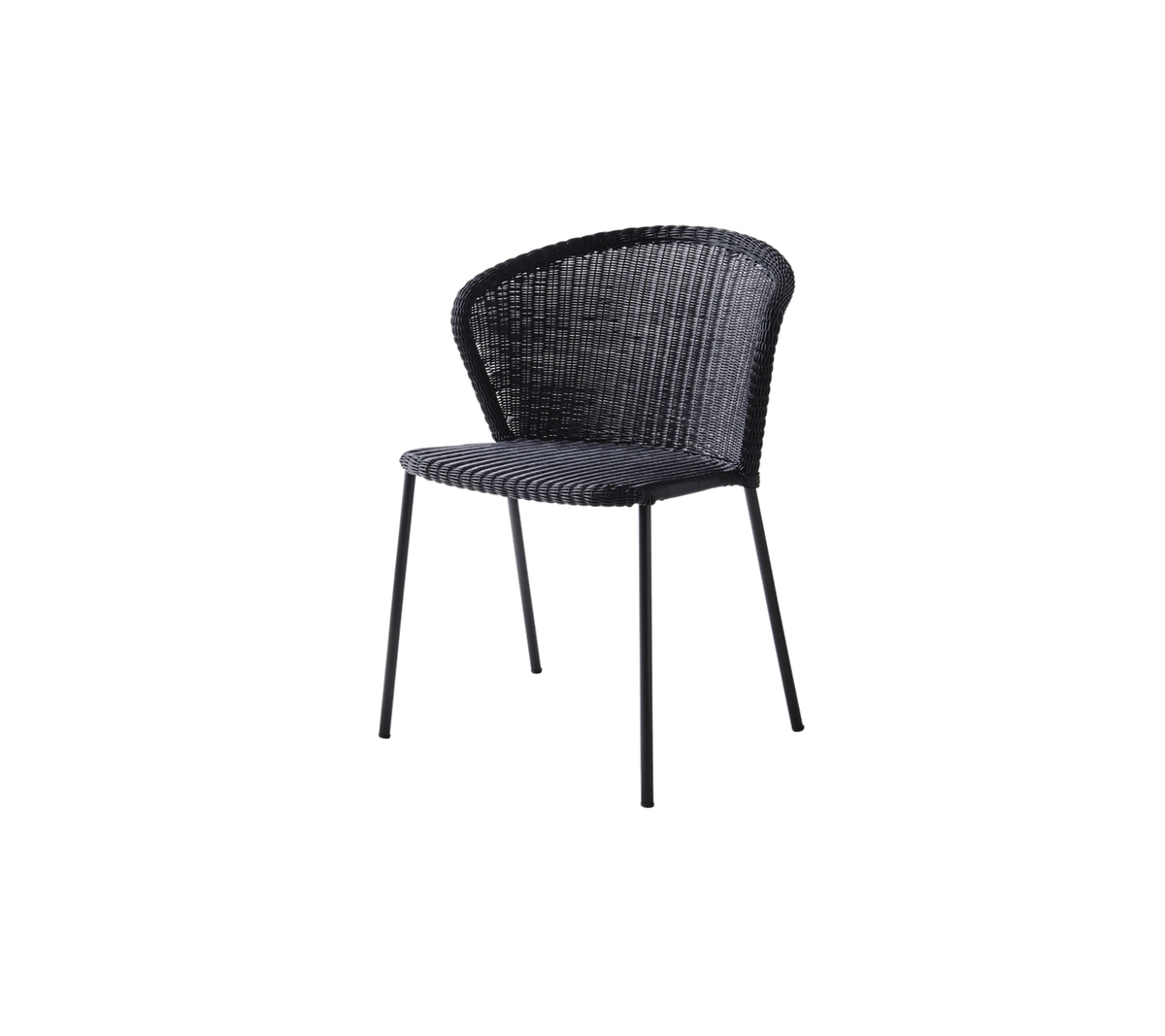 Chaise tissée noire élégante avec un dossier courbé et des pieds en métal fins, parfaite pour des environnements modernes ou contemporains.