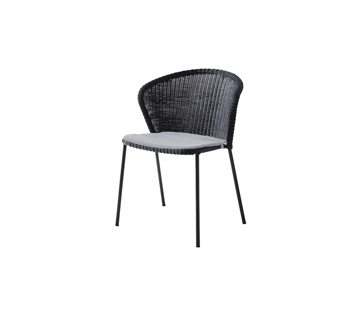 Chaise noire élégante avec un design tissé et un siège confortable de couleur claire. Idéale pour une décoration moderne et un siège décontracté.