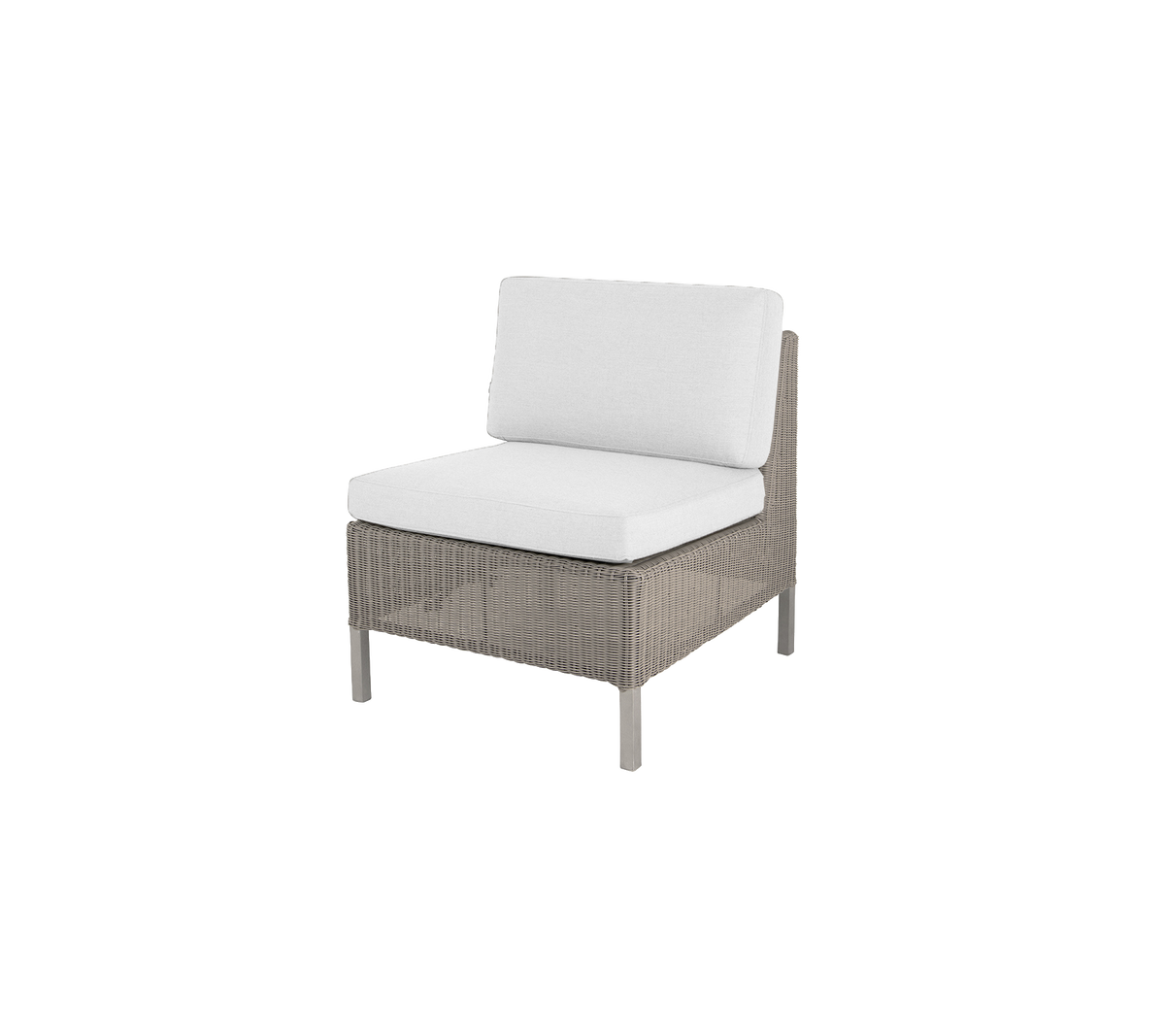 Chaise élégante avec une texture tissée et de moelleux coussins blancs, parfaite pour la détente et la décoration moderne.