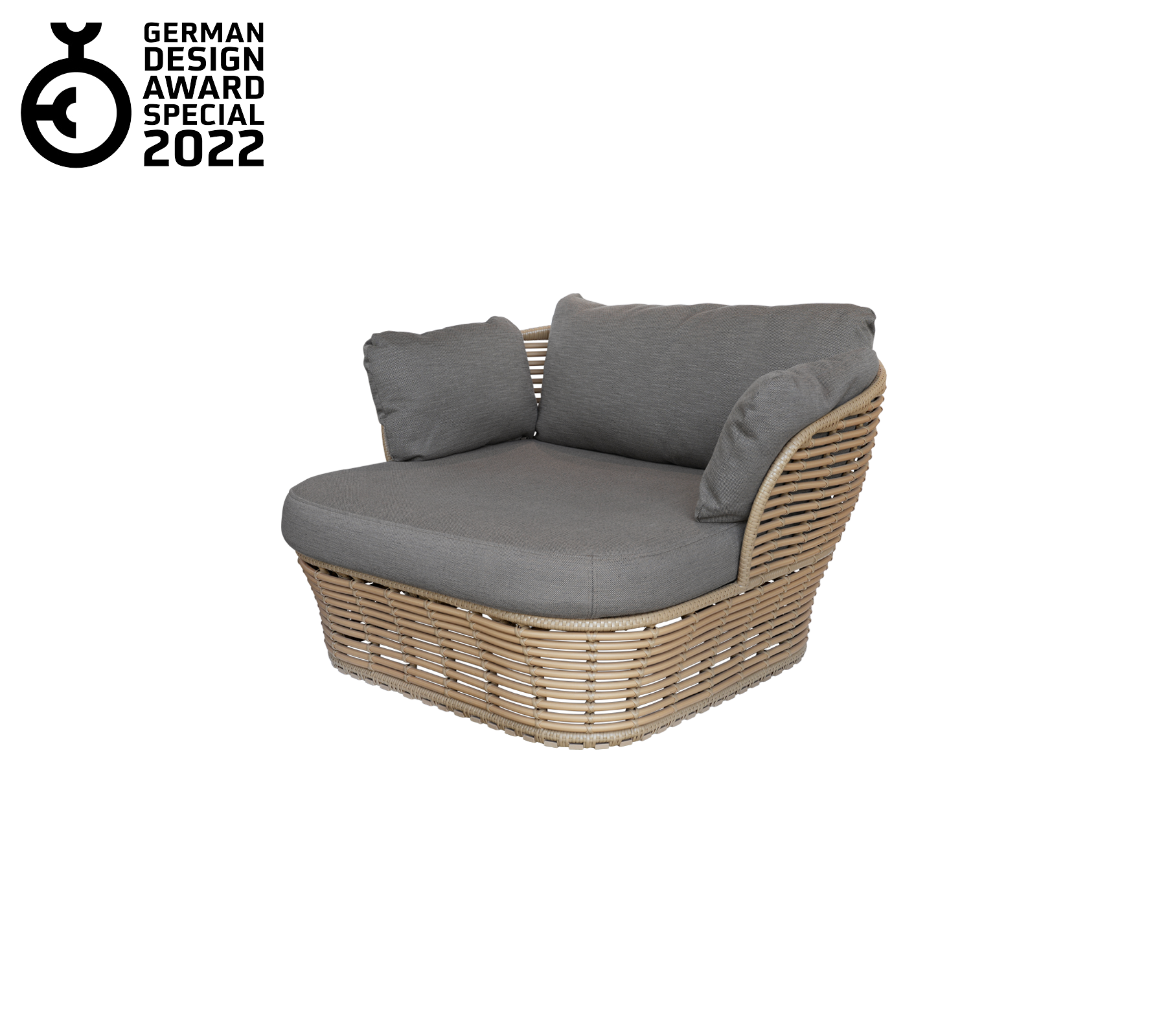 Fauteuil de salon élégant avec un cadre en rotin tissé, comprenant des coussins gris moelleux pour le confort et la détente.