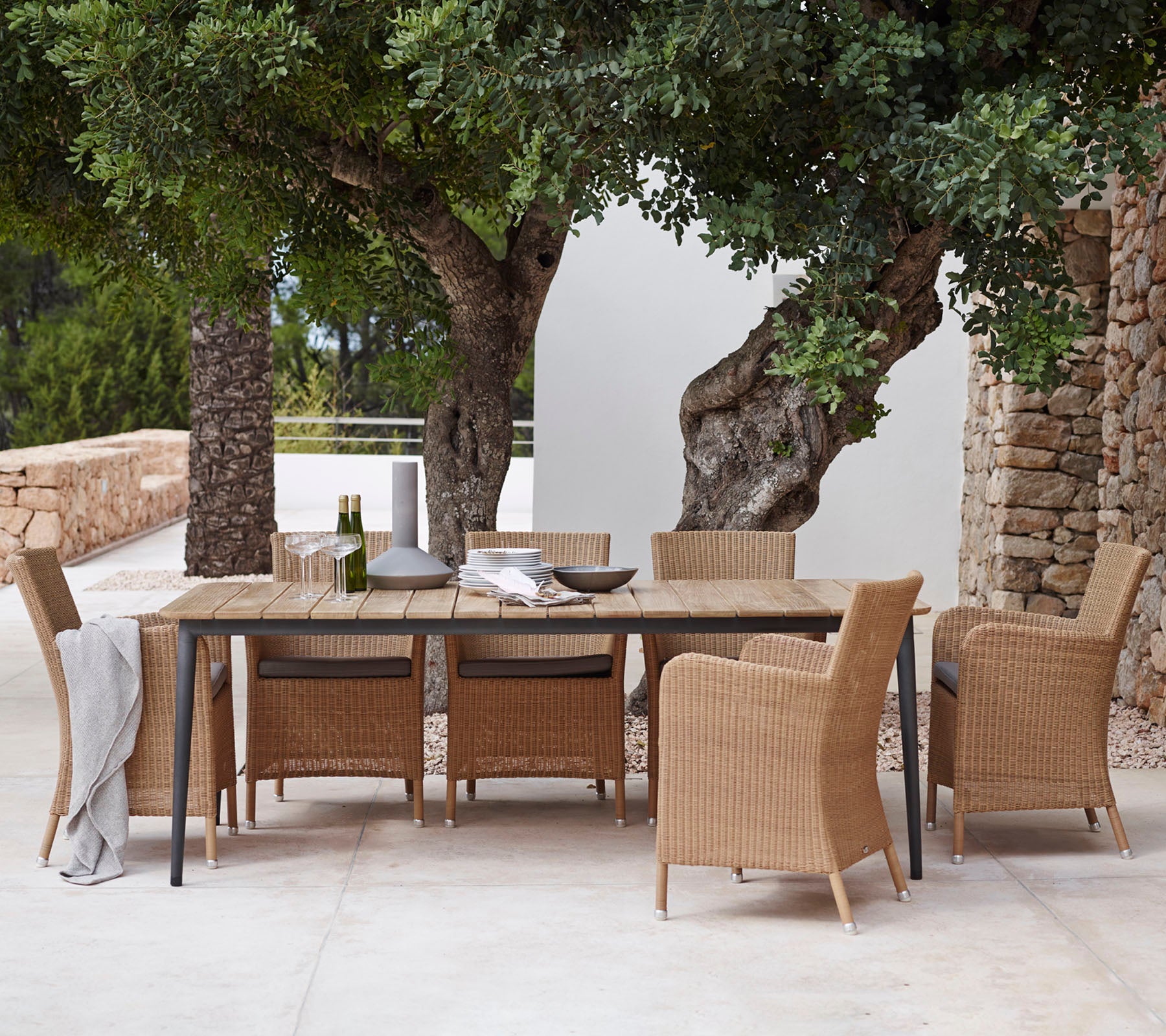 Un ensemble de salle à manger élégant avec une longue table et des chaises en osier, placé sous une végétation luxuriante et entouré de murs en pierre naturelle.