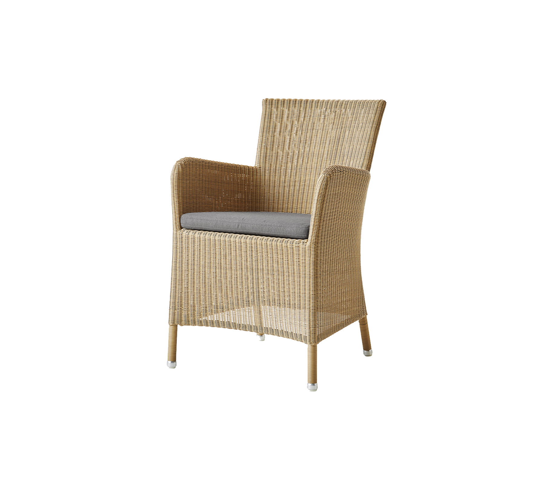 Chaise tissée avec accoudoirs et un coussin gris confortable, alliant style et confort pour un siège polyvalent.