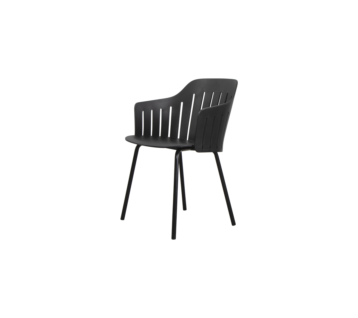 Chaise noire élégante avec un dossier incurvé et des pieds solides, idéale pour des espaces modernes et une utilisation variée.