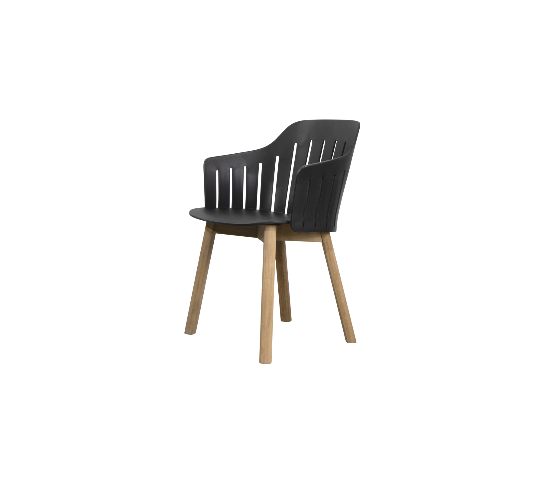 Chaise moderne et épurée avec un siège moulé, un dossier à lattes et des pieds en bois pour le style et le confort.