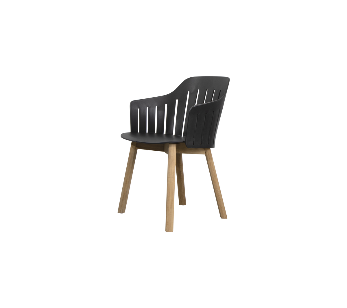 Chaise moderne et épurée avec un siège moulé, un dossier à lattes et des pieds en bois pour le style et le confort.