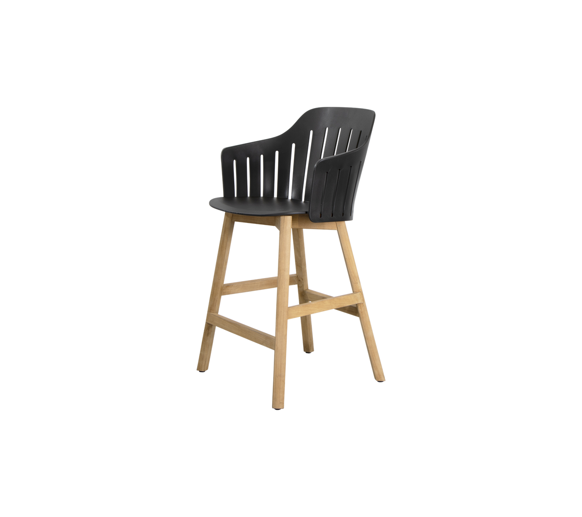 Chaise haute élégante avec un siège noir épuré et des pieds en bois naturel, offrant une option d'assise moderne et confortable.