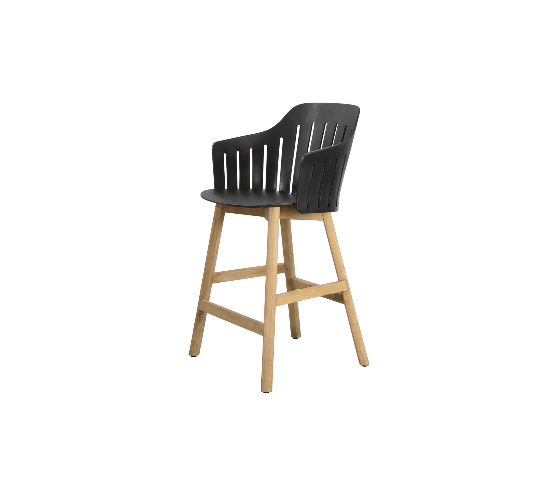 Chaise haute élégante avec un siège noir épuré et des pieds en bois naturel, offrant une option d'assise moderne et confortable.