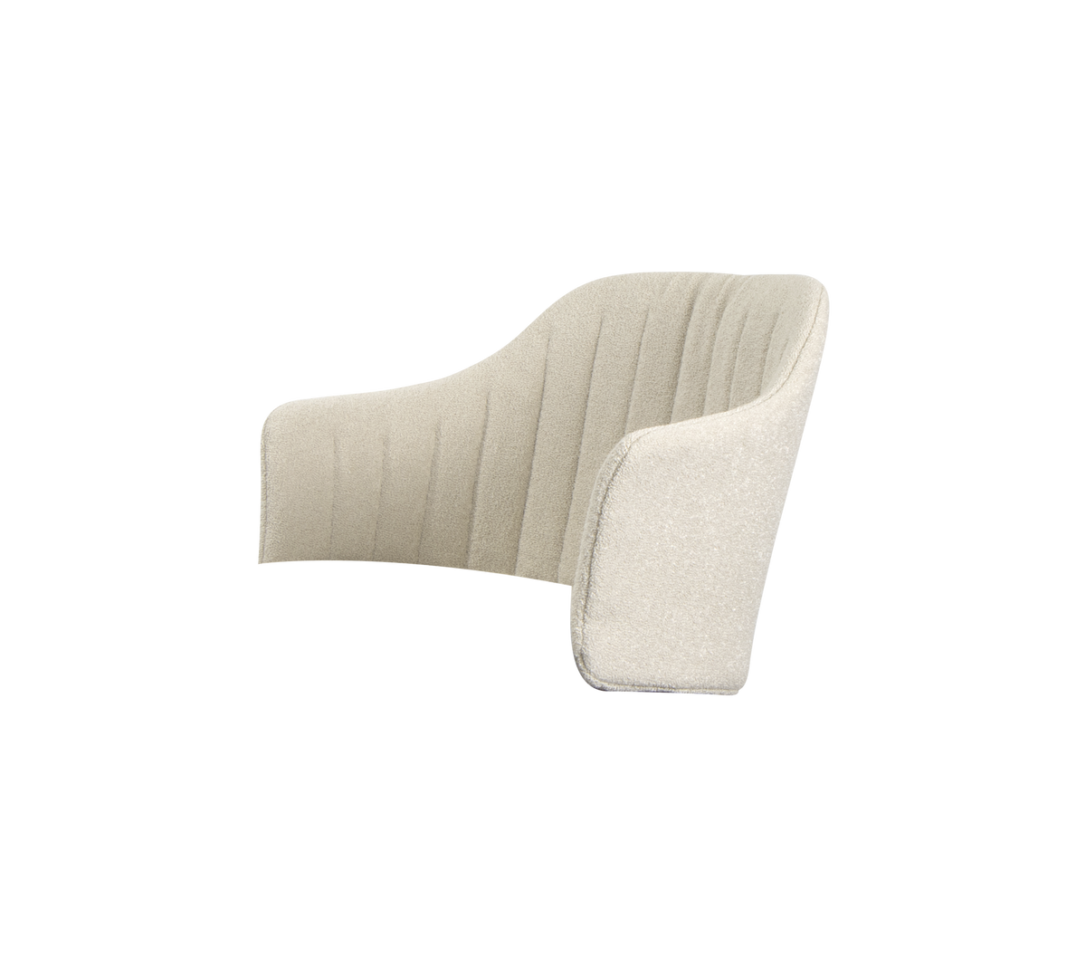 Chaise contemporaine rembourrée avec un design doux et courbé et des coutures verticales, offrant une esthétique moderne et du confort.