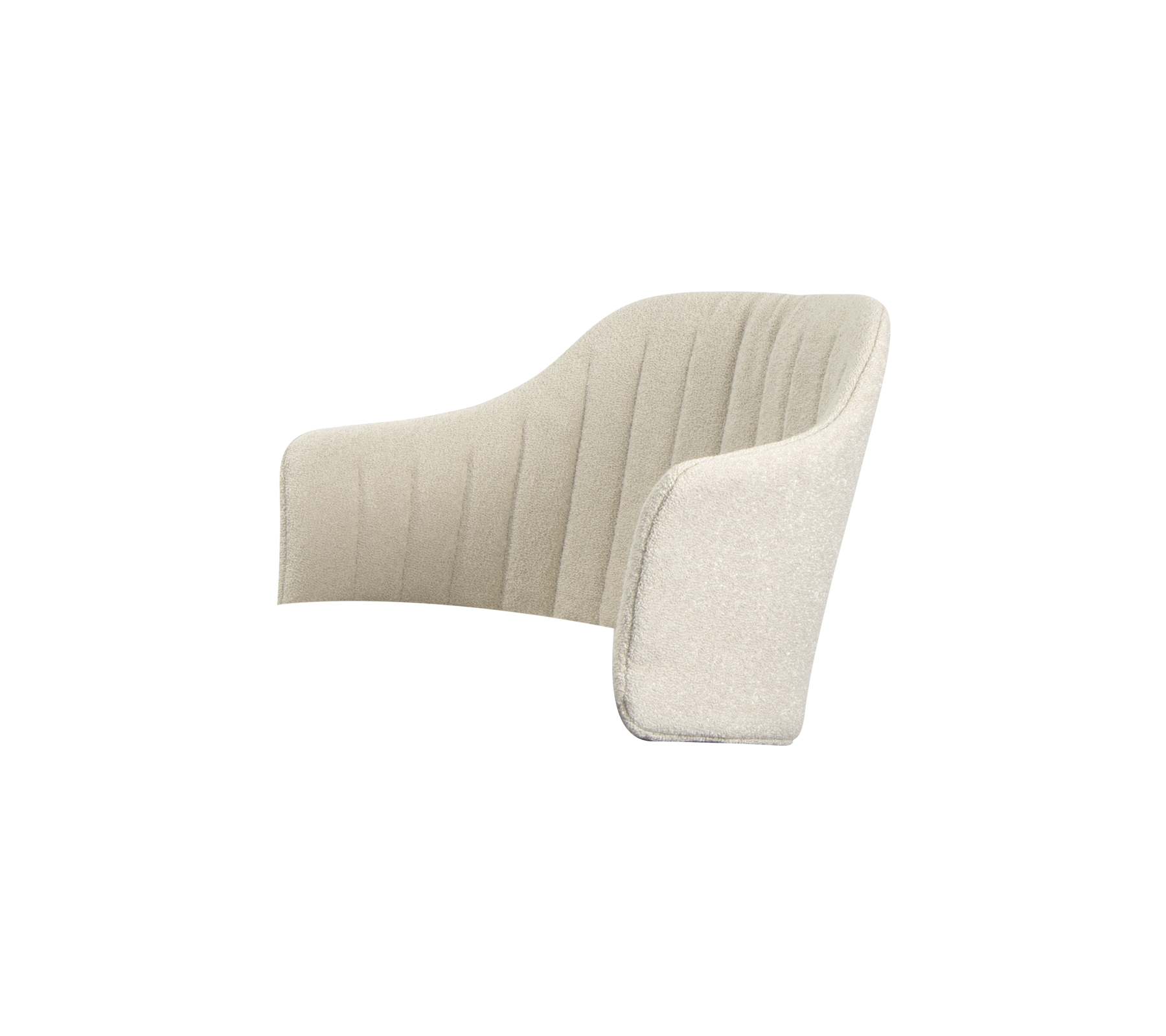 Chaise contemporaine rembourrée avec un design doux et courbé et des coutures verticales, offrant une esthétique moderne et du confort.