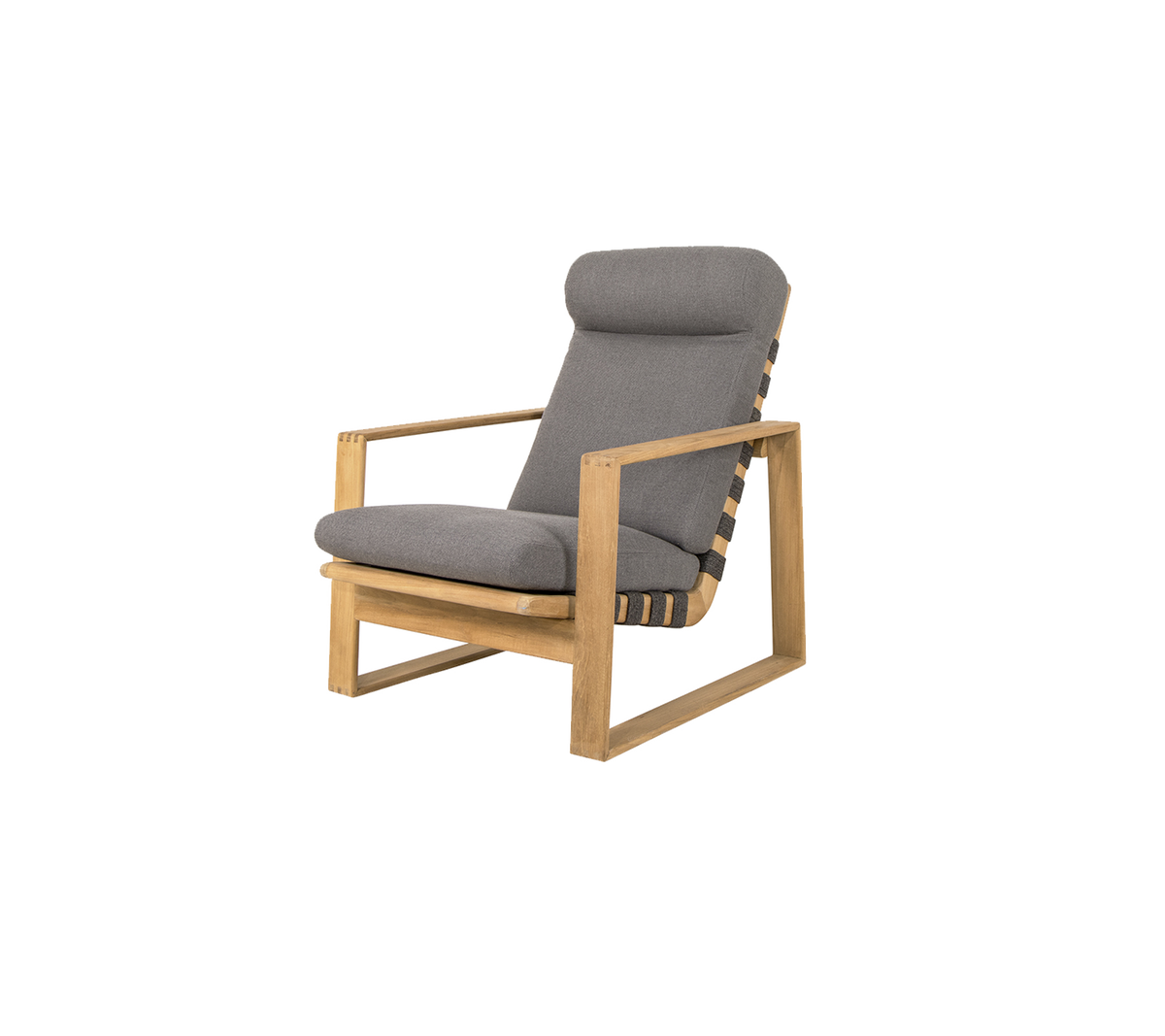 Chaise élégante avec une structure en bois et des coussins gris confortables, parfaite pour se détendre et pour une décoration moderne.