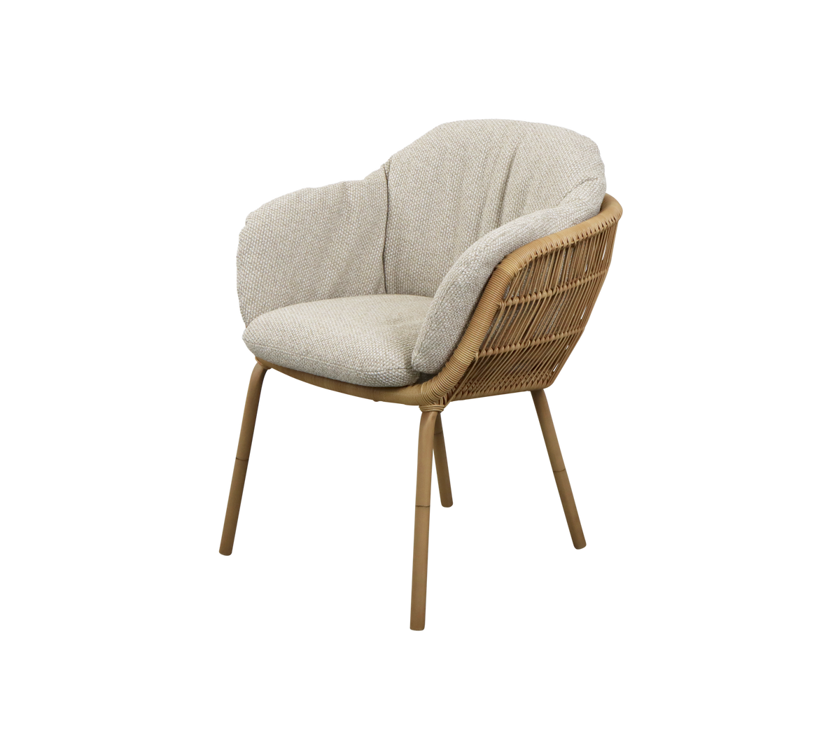 Chaise courbée élégante avec un cadre tissé et un revêtement en tissu doux, offrant confort et une esthétique moderne.