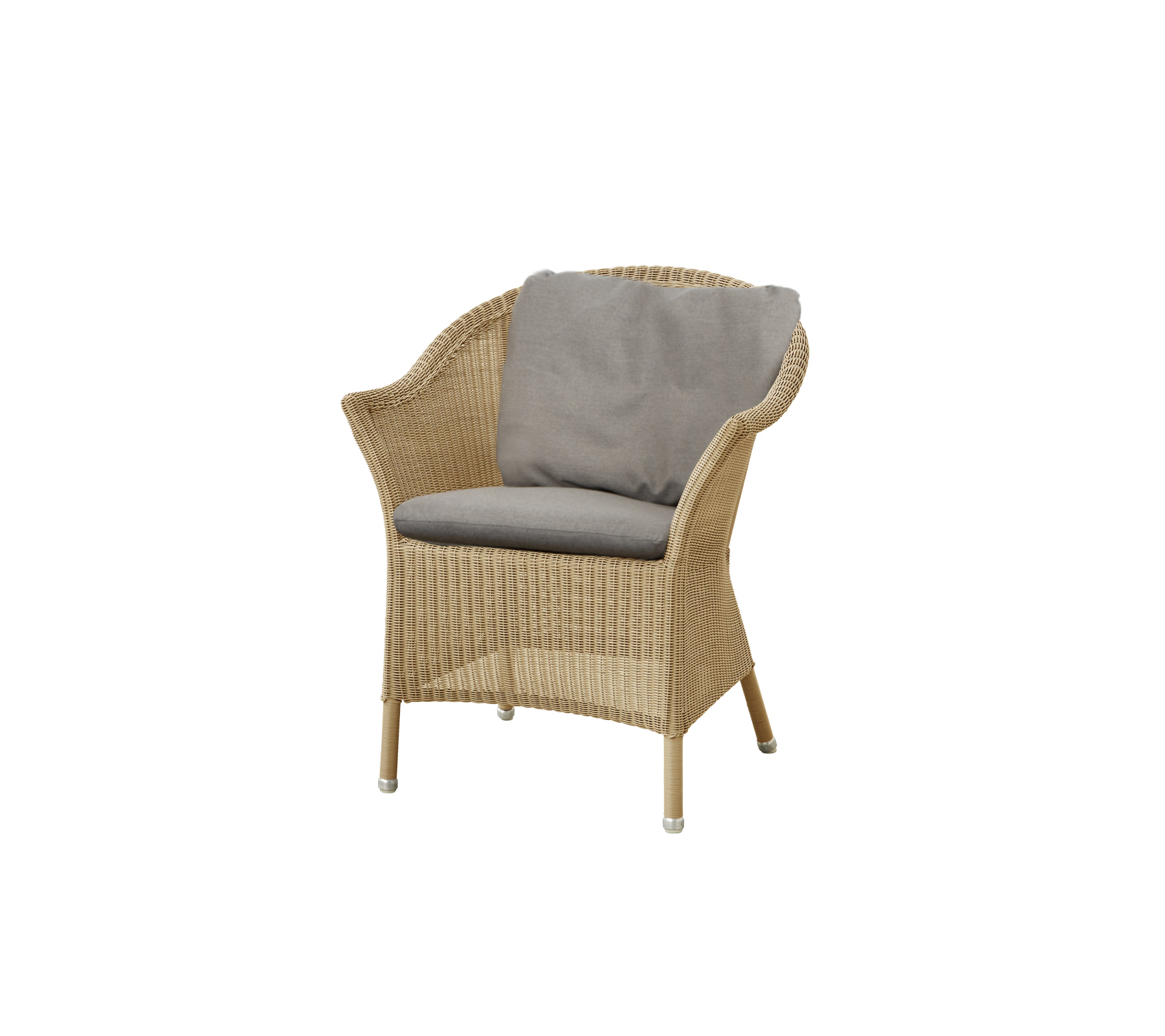 Une chaise tressée confortable avec un coussin gris doux, idéale pour se détendre et s'asseoir de manière décontractée.