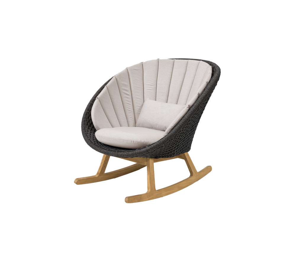 Chaise berçante moderne avec coussin beige et cadre gris foncé.
