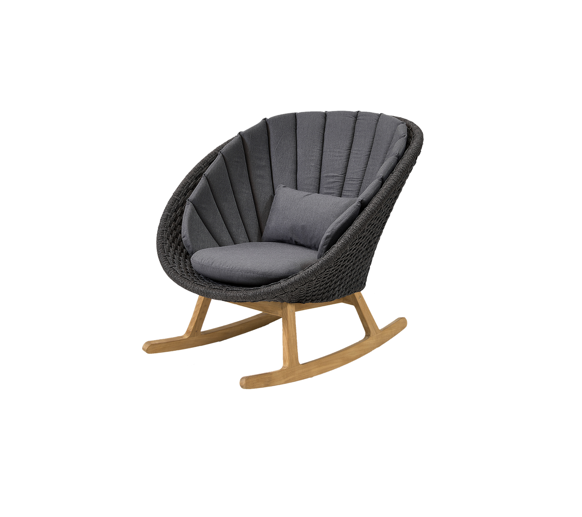 Fauteuil à bascule élégant avec un design courbé, doté d'un coussin gris confortable et d'une base en bois naturel pour une touche moderne.