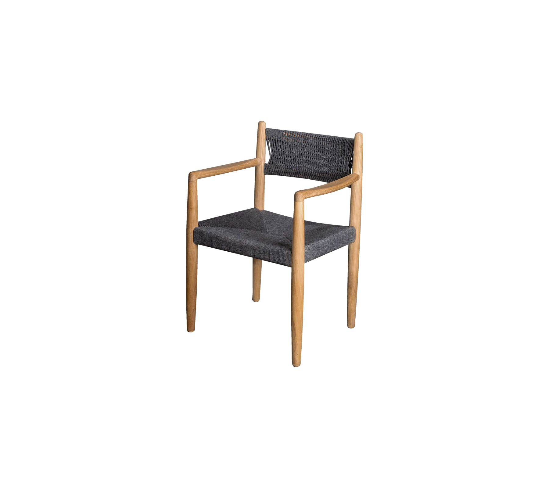 Chaise élégante avec cadre en bois et rembourrage en tissu foncé, dotée d'accoudoirs et d'un design contemporain.