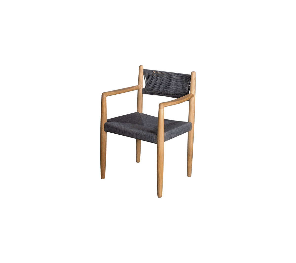 Chaise élégante avec cadre en bois et rembourrage en tissu foncé, dotée d'accoudoirs et d'un design contemporain.