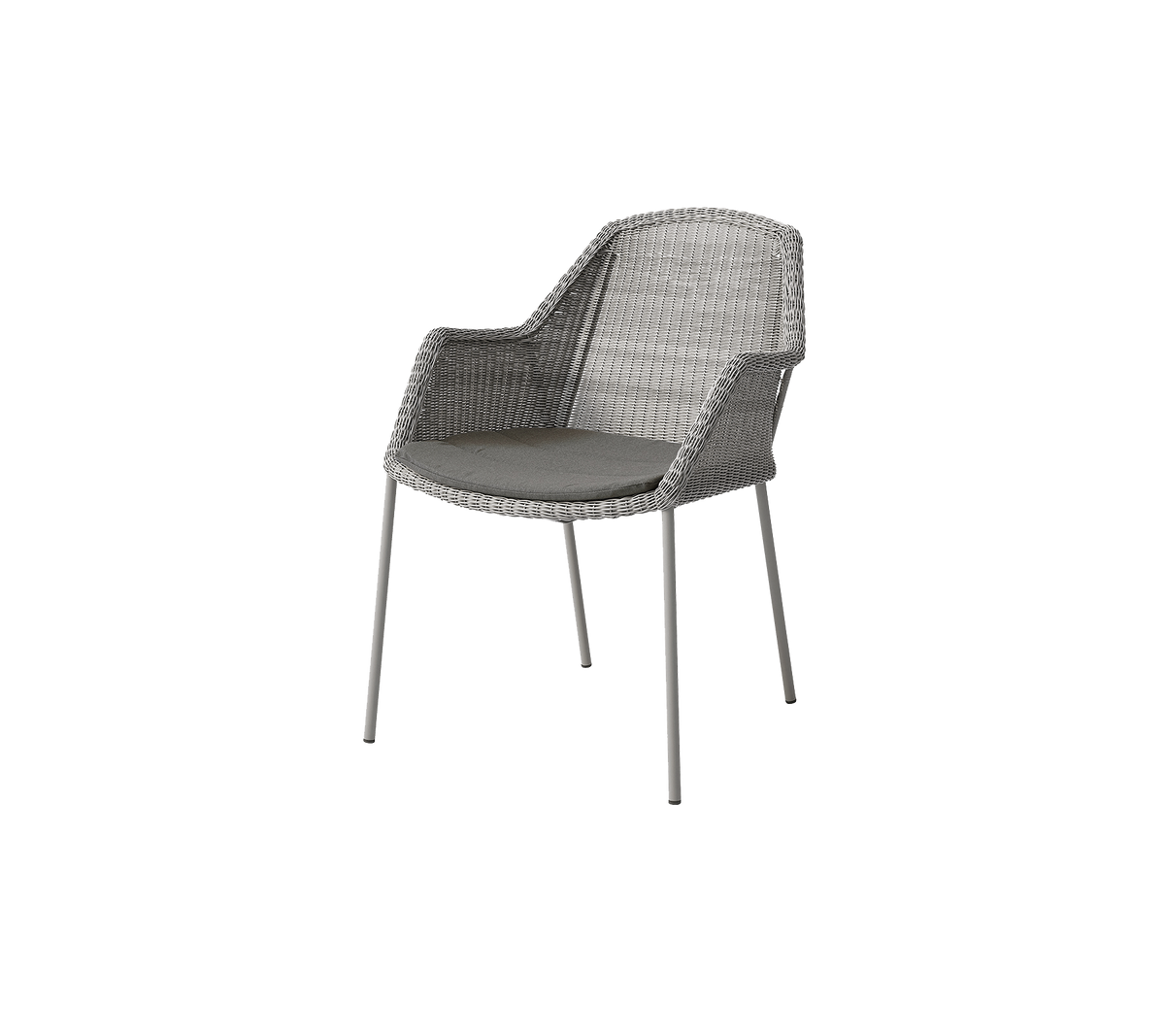 Une chaise moderne avec un design tissé et un siège rembourré, soutenue par des pieds en métal élégants dans une teinte grise neutre.