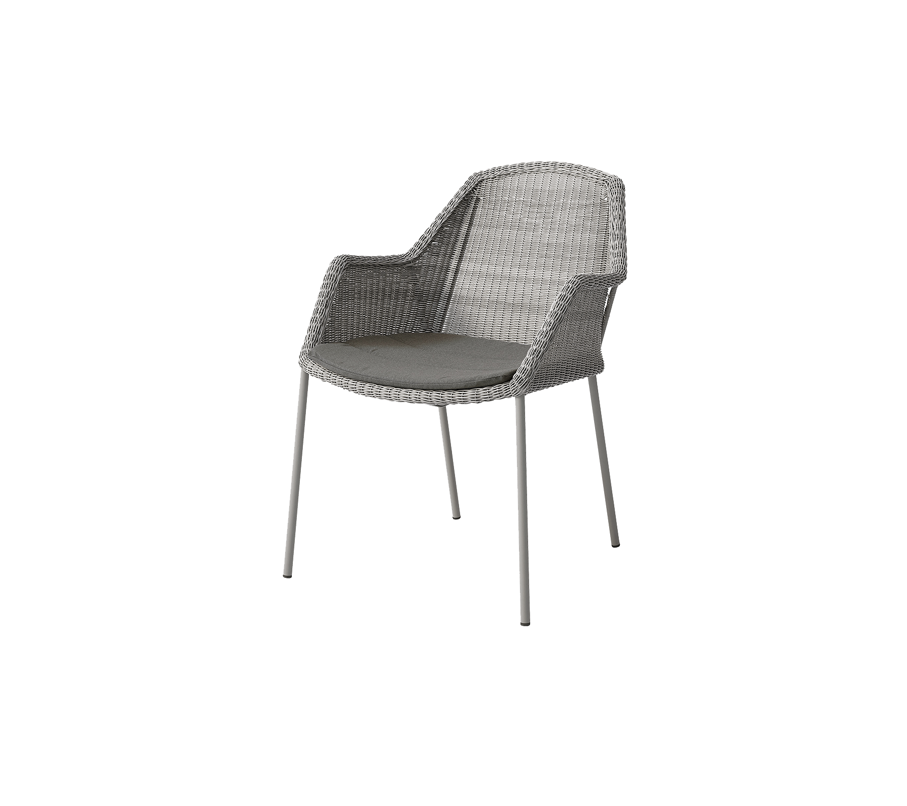 Une chaise moderne avec un design tissé et un siège rembourré, soutenue par des pieds en métal élégants dans une teinte grise neutre.