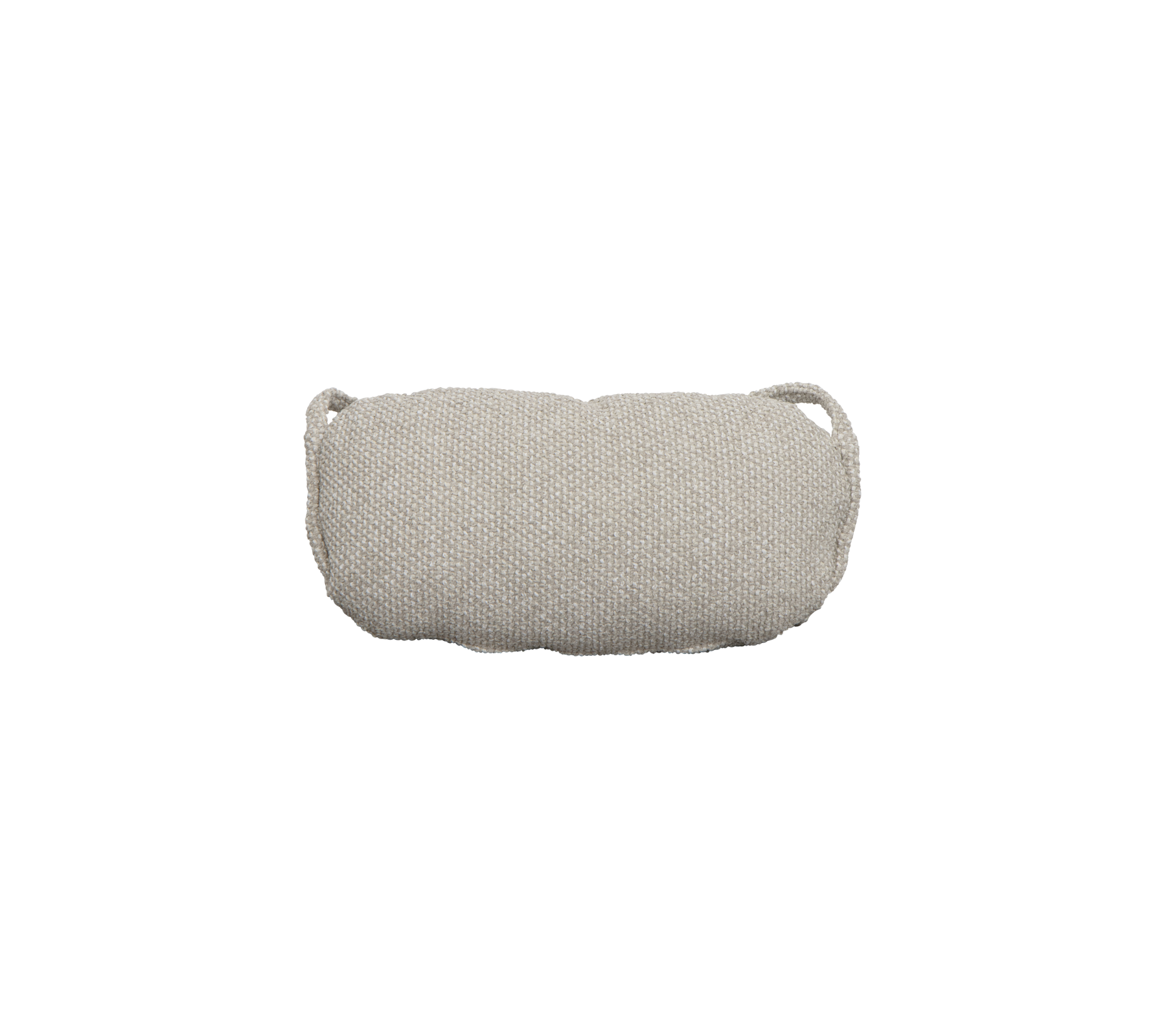 Pochette en tissu cylindrique gris clair avec deux petites poignées, adaptée pour le rangement ou le voyage.