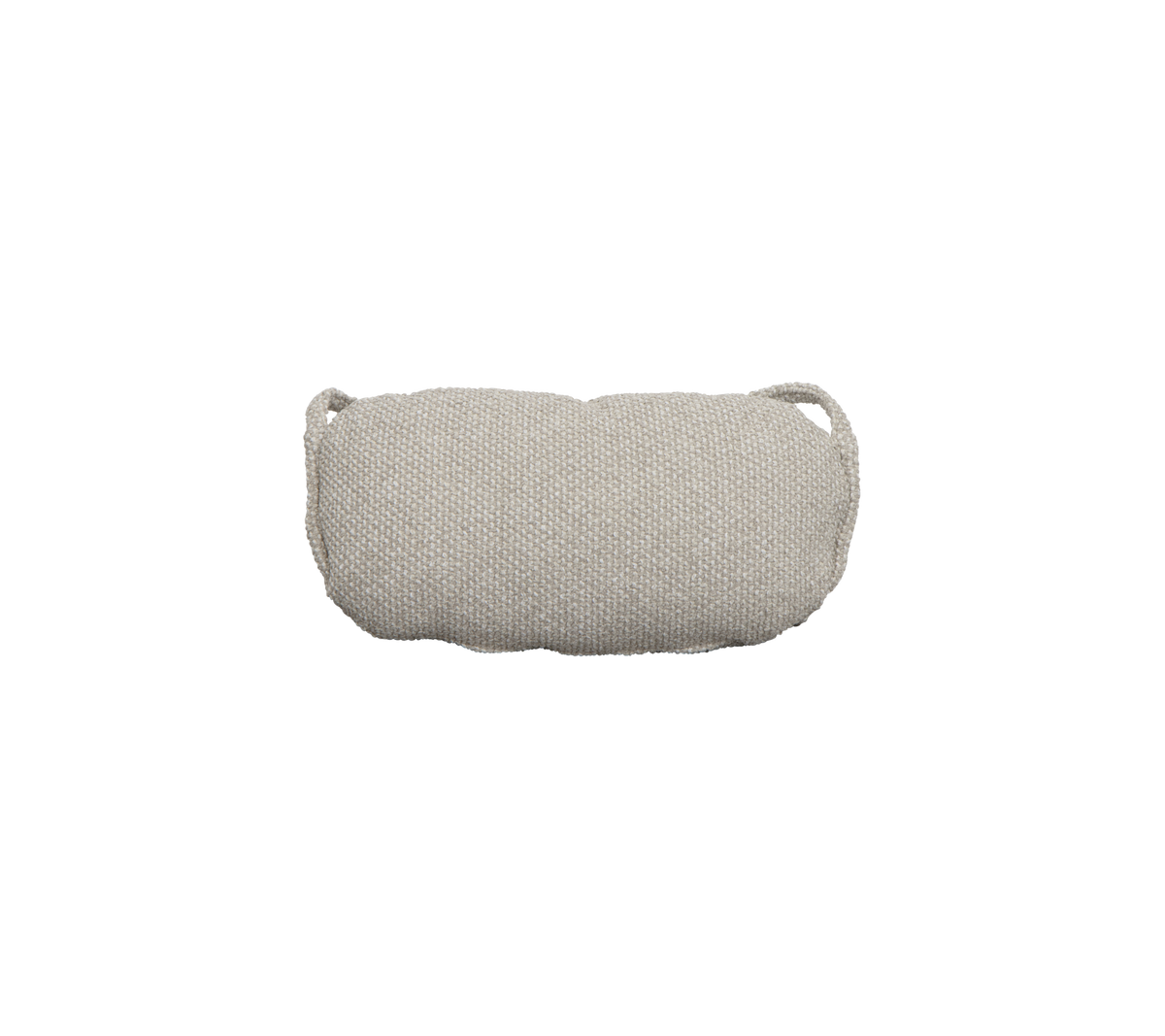 Pochette en tissu cylindrique gris clair avec deux petites poignées, adaptée pour le rangement ou le voyage.