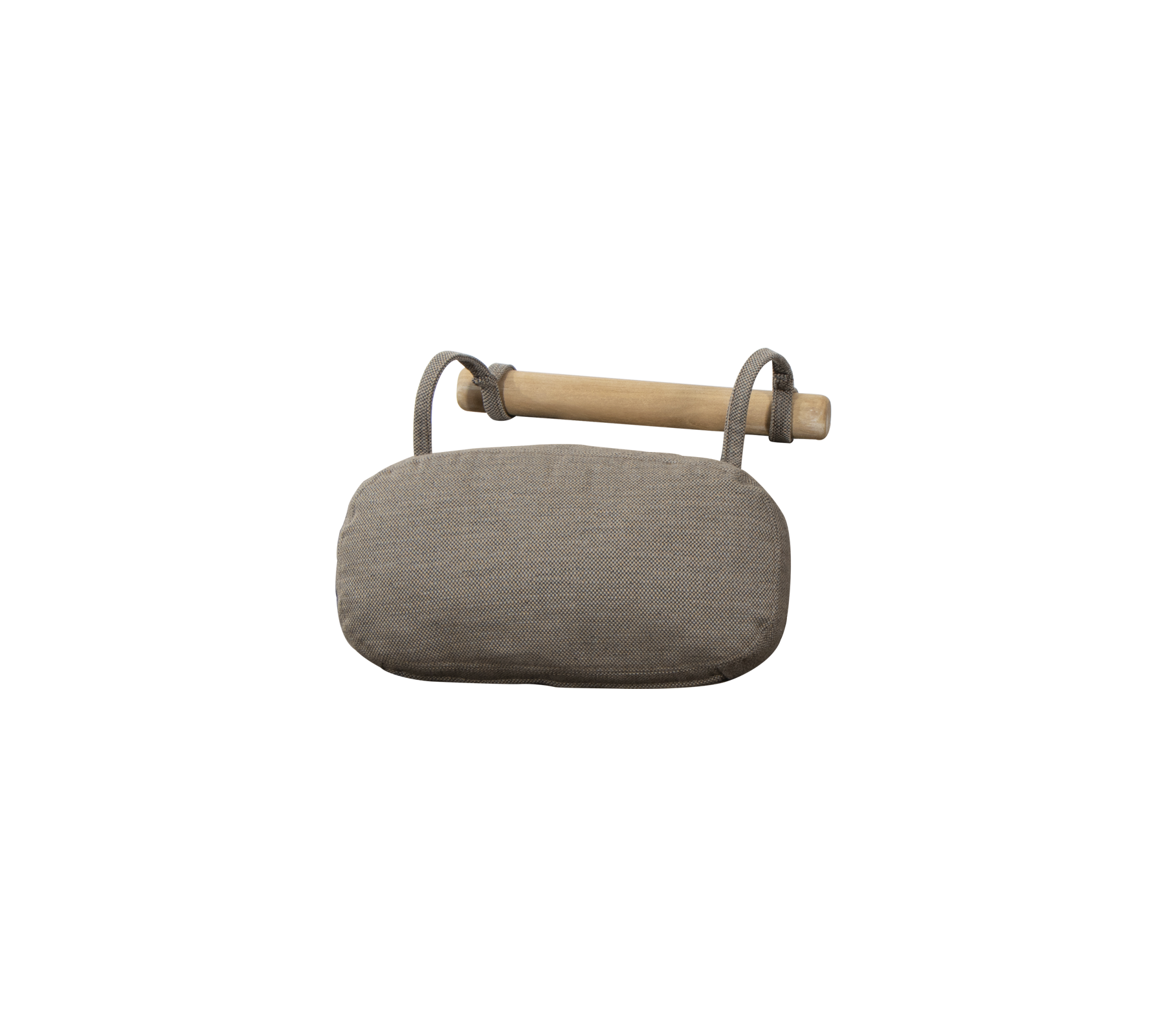 Coussin gris avec une poignée en bois, conçu pour le confort et le soutien. Convient à diverses utilisations.