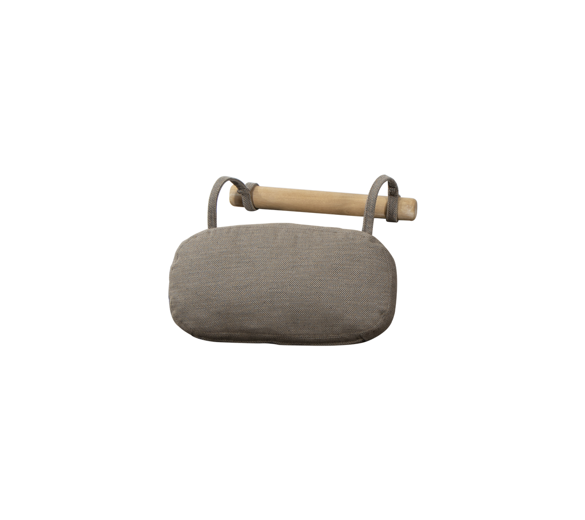 Coussin gris avec une poignée en bois, conçu pour le confort et le soutien. Convient à diverses utilisations.