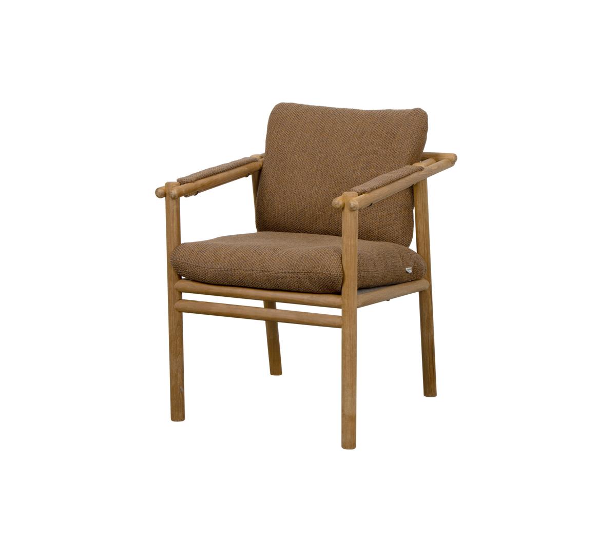 Chaise rembourrée marron avec accoudoirs en bois et un design minimaliste, adaptée à divers environnements.