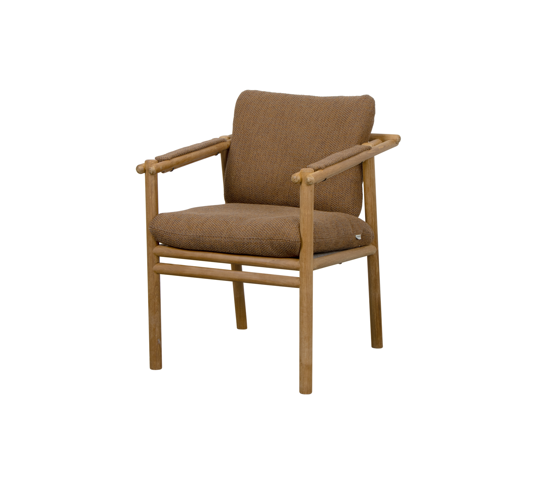 Chaise rembourrée marron avec accoudoirs en bois et un design minimaliste, adaptée à divers environnements.