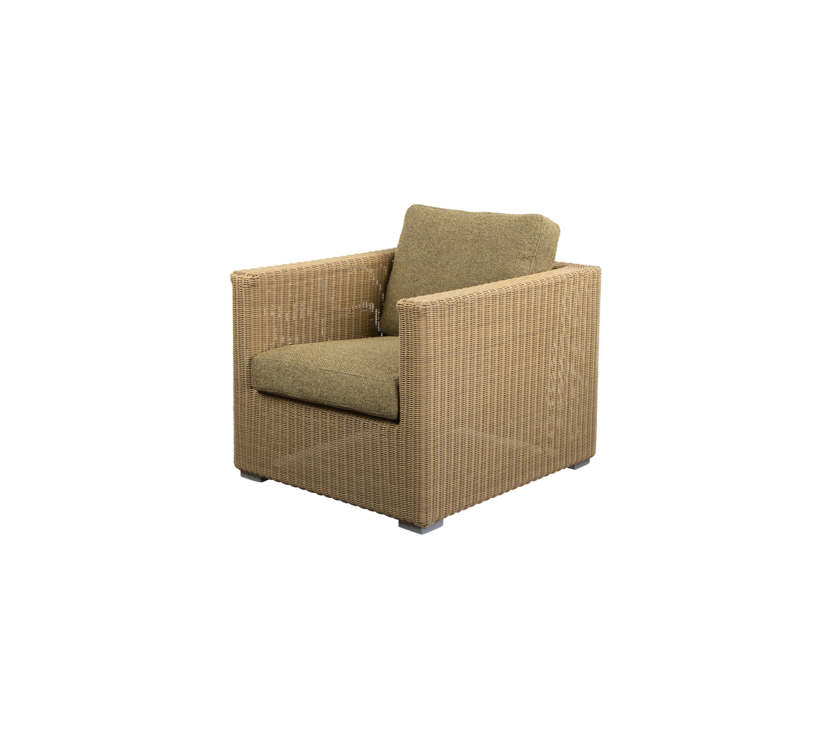 Une chaise moderne et confortable avec une texture tissée et un coussin vert doux, parfaite pour la détente et le style.