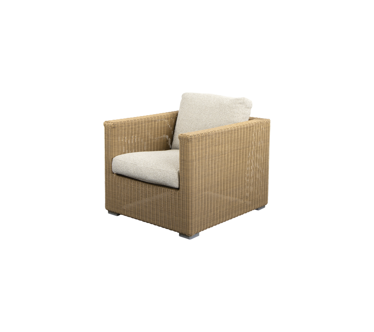 Fauteuil élégant avec un extérieur tissé et un coussin de couleur claire, parfait pour ajouter du confort et de l'élégance à n'importe quel espace.
