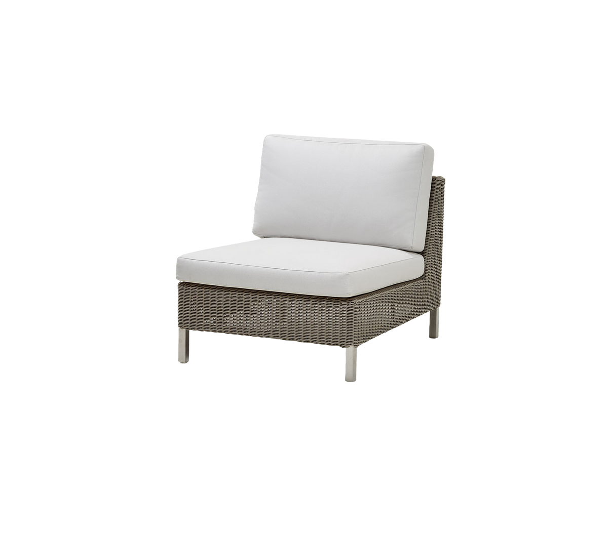 Chaise moderne avec une base tissée et un coussin blanc confortable, idéale pour la détente et le style.
