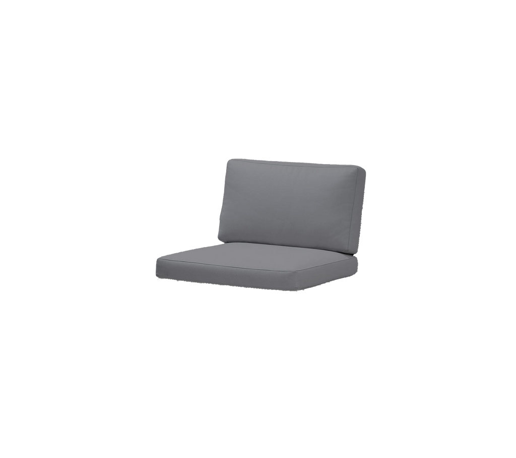Coussin d'extérieur gris avec dossier, conçu pour le confort et le style. Convient à différents arrangements de sièges.