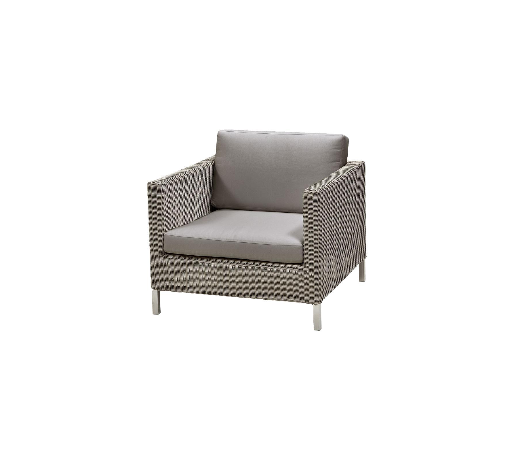 Chaise élégante et moderne avec un design tissé et un coussin gris confortable, parfaite pour la détente et les sièges extérieurs.
