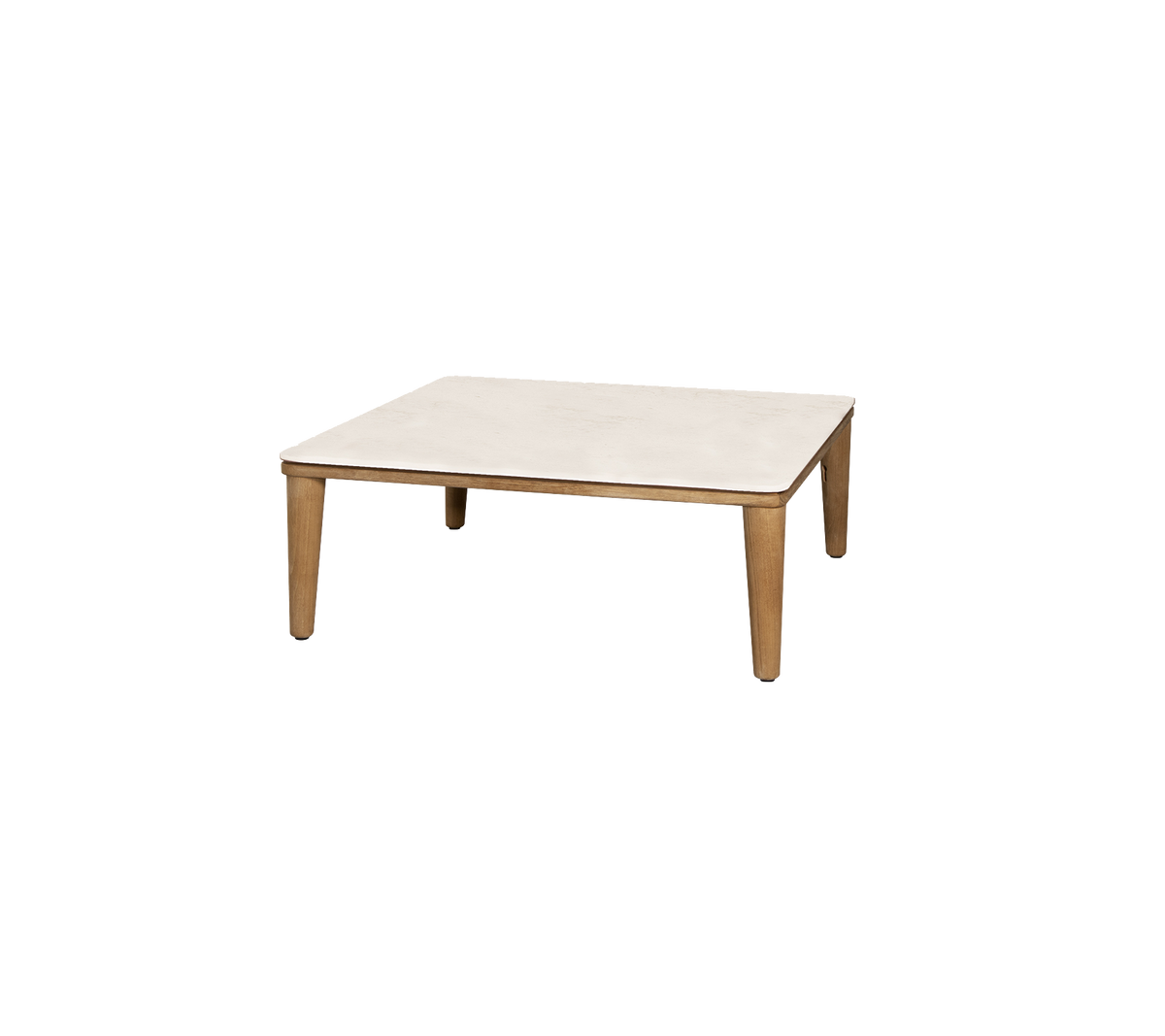 Table carrée avec un plateau clair et des pieds en bois, offrant un design minimaliste adapté à divers environnements.