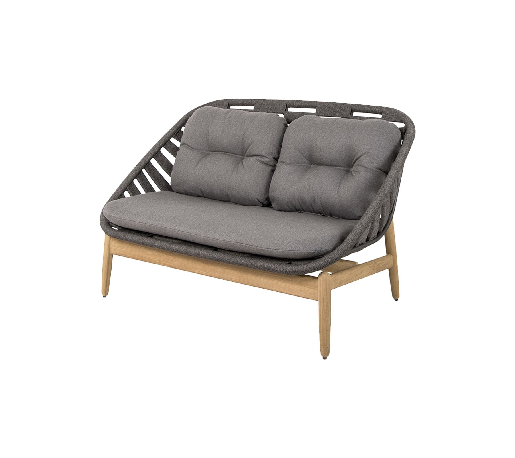 Canapé deux places avec un siège rembourré gris et un dossier tissé élégant, soutenu par des pieds en bois. Idéal pour une décoration moderne.