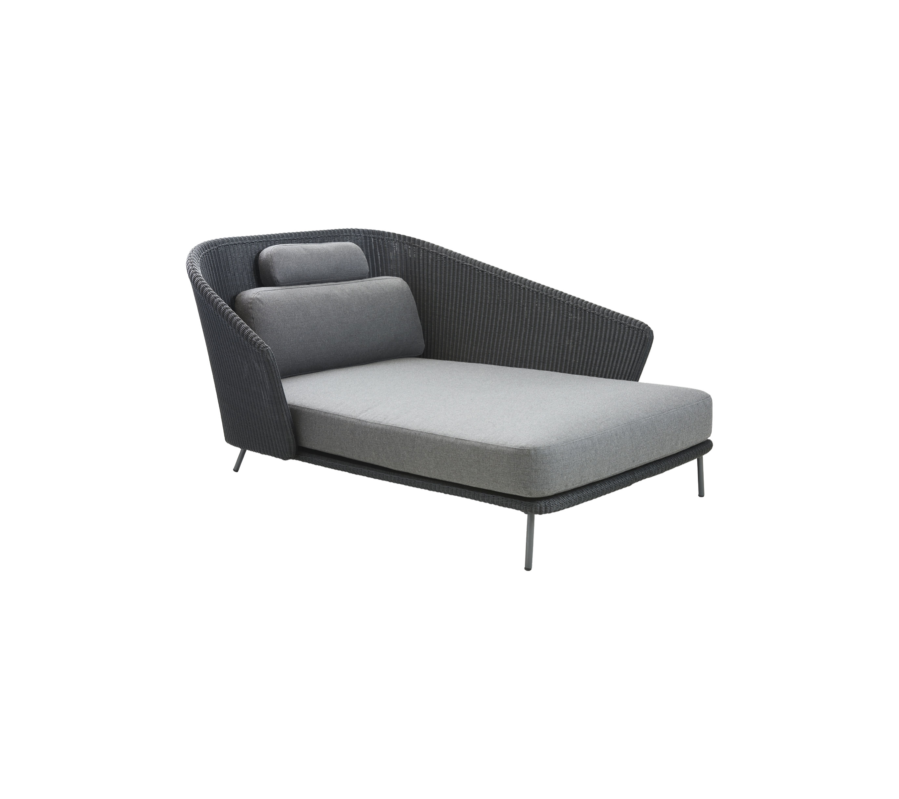 Fauteuil moderne avec un design épuré, présentant un siège et un dossier en tissu gris, complété par une forme de accoudoir unique.