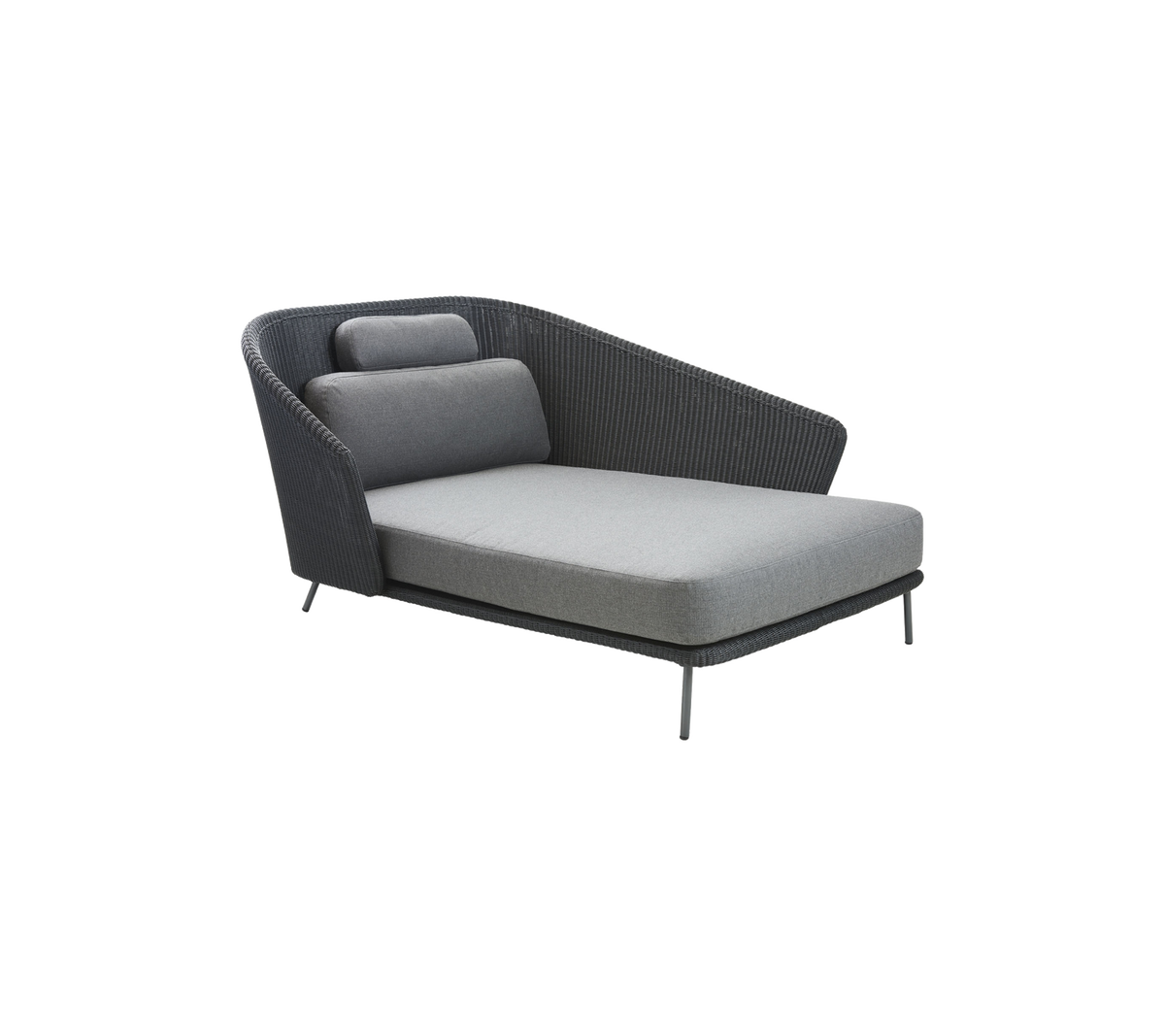 Fauteuil moderne avec un design épuré, présentant un siège et un dossier en tissu gris, complété par une forme de accoudoir unique.