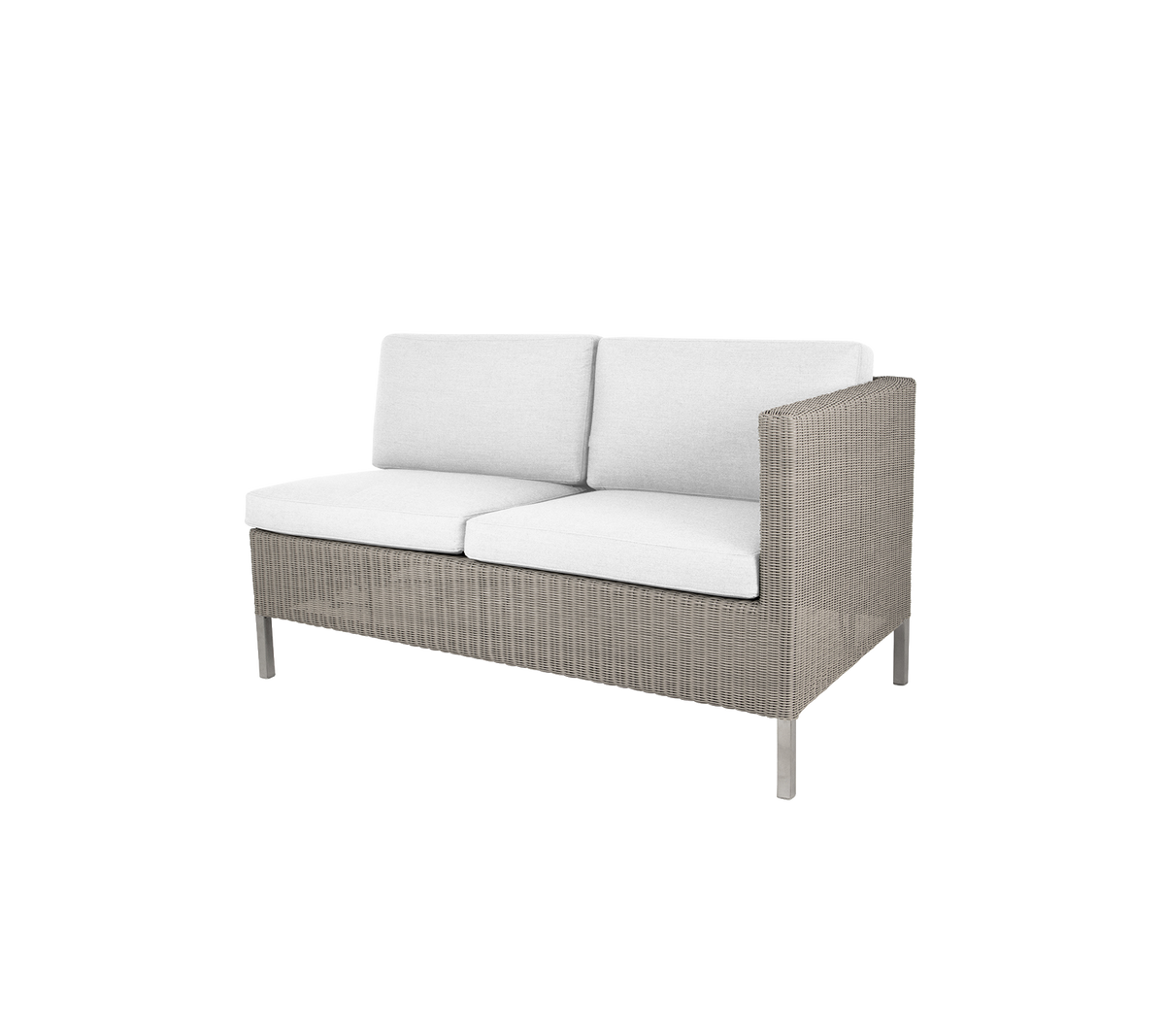 Canapé confortable deux places au design moderne, avec des coussins blancs doux et un cadre tissé élégant. Idéal pour la détente.