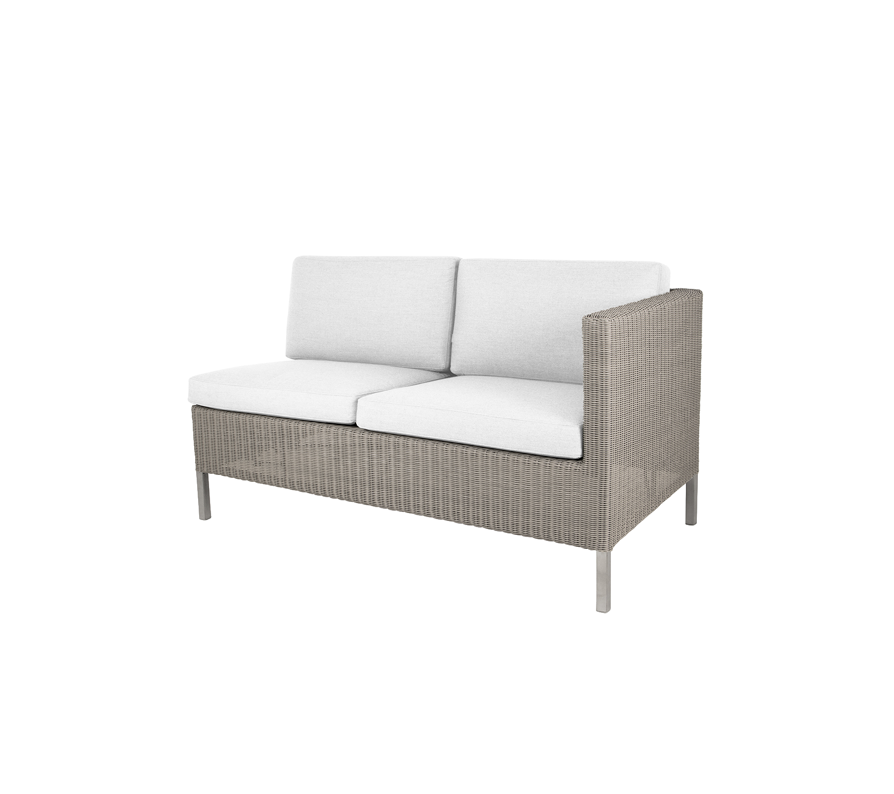 Canapé confortable deux places au design moderne, avec des coussins blancs doux et un cadre tissé élégant. Idéal pour la détente.
