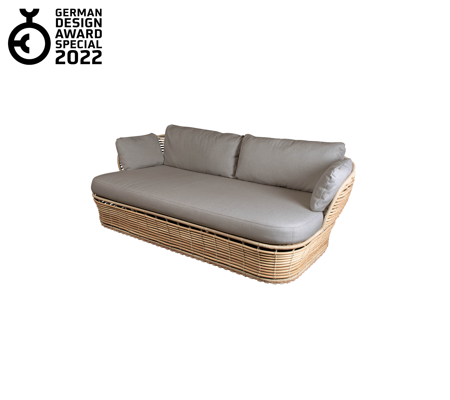 Canapé contemporain avec une base tissée et des coussins gris moelleux, présentant un design épuré et une esthétique élégante. Récompensé en 2022.
