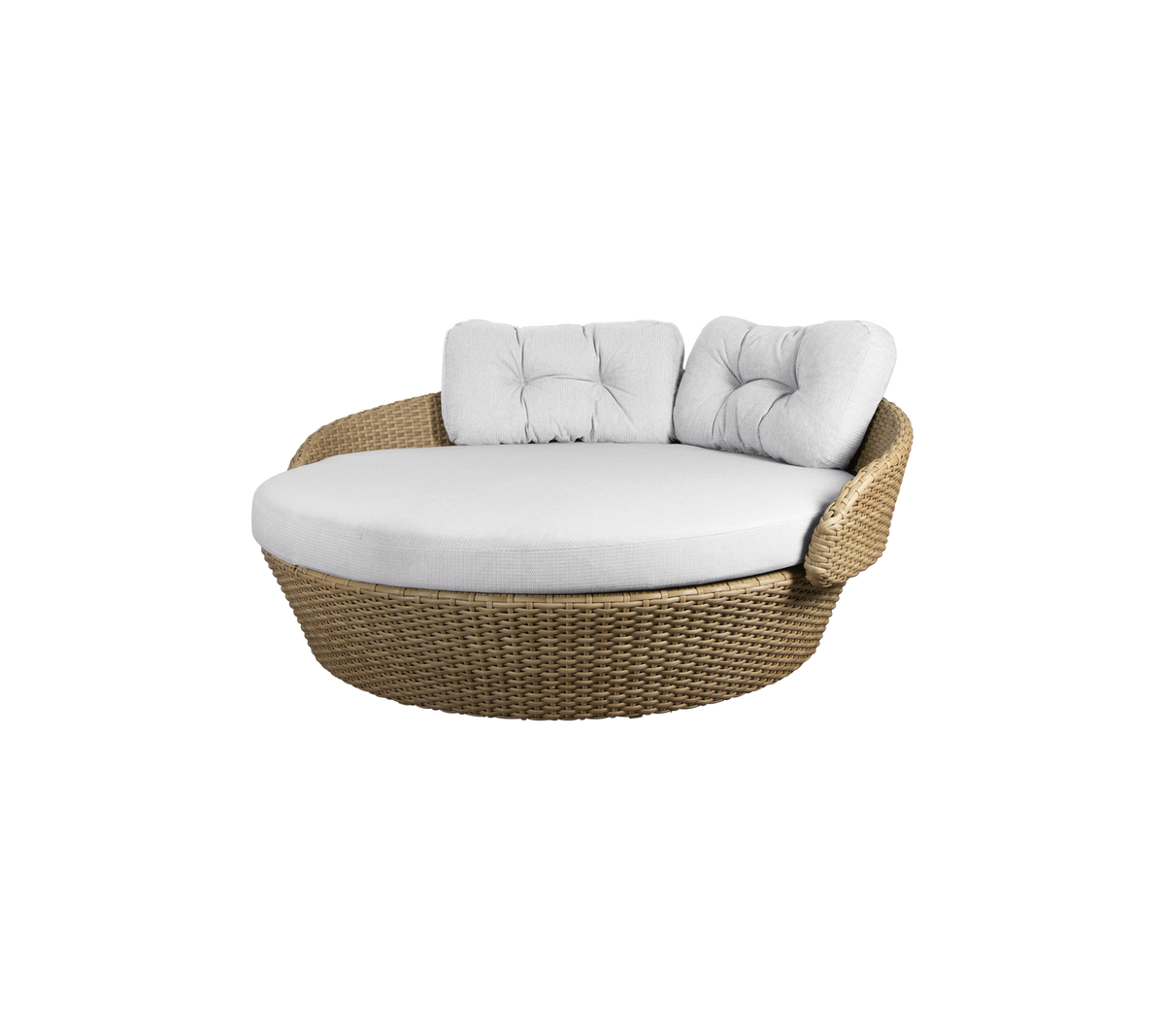 Chaise longue en osier ronde avec un coussin blanc moelleux et deux coussins de dos pour le confort. Idéale pour la détente.