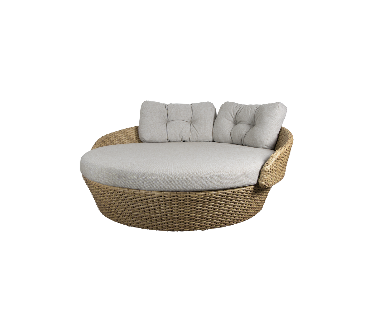 Chaise longue ronde en osier avec des coussins gris doux, conçue pour le confort et la détente. Idéale pour se détendre ou socialiser.