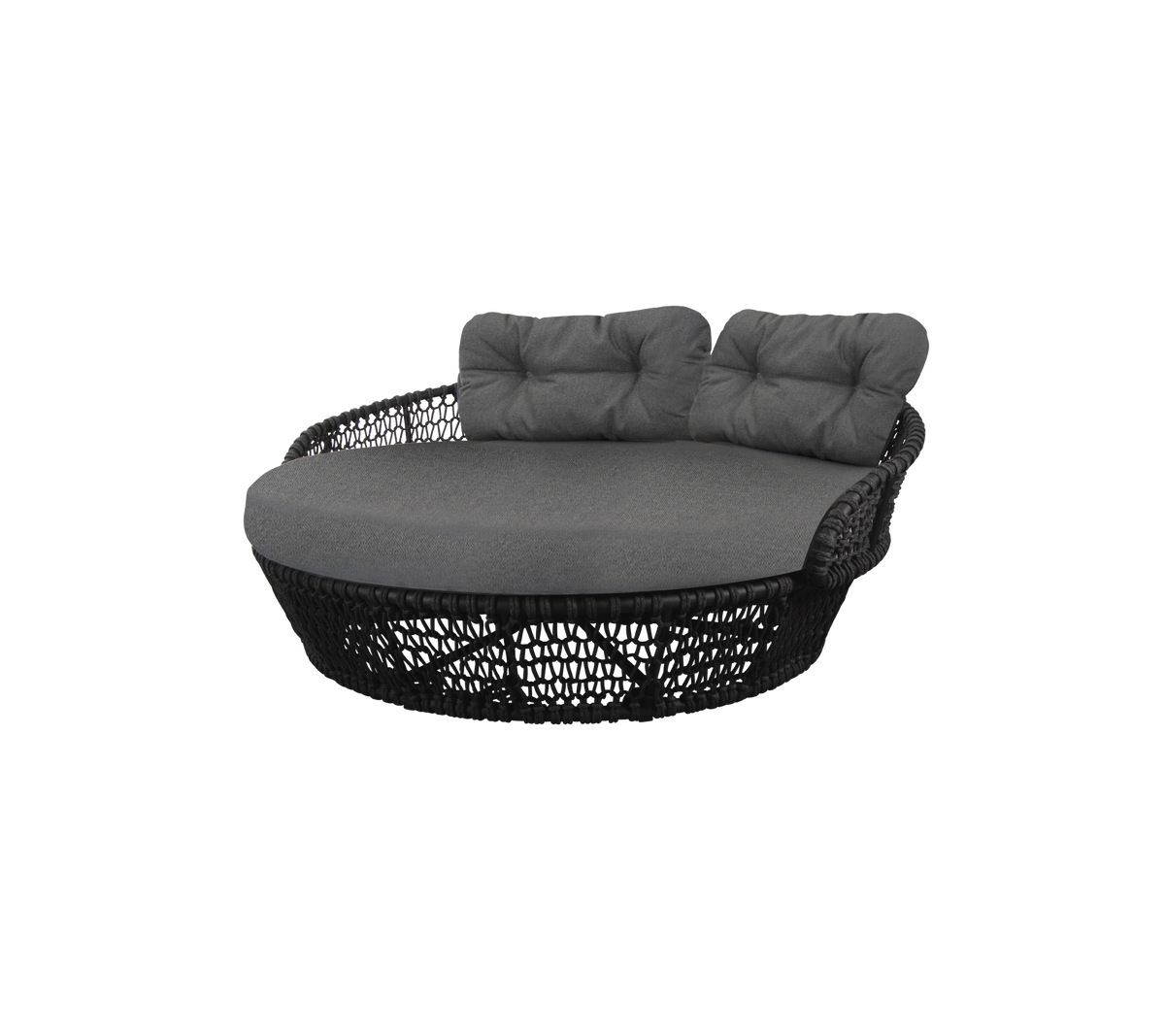 Siège rond rembourré avec une base tissée, comprenant deux dossiers et un design élégant, parfait pour la détente.