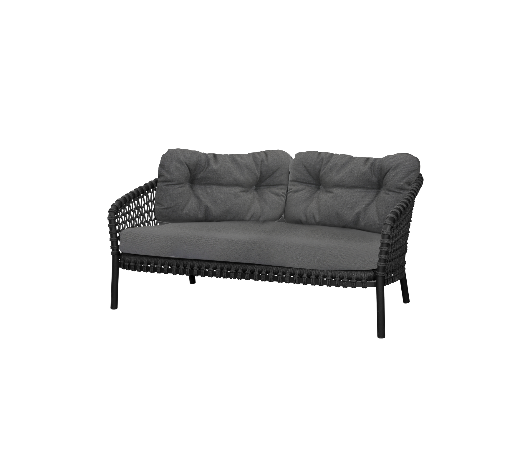 Canapé deux places élégant avec un cadre noir épuré et des coussins gris moelleux pour le confort et l'élégance. Parfait pour les agencements de sièges modernes.